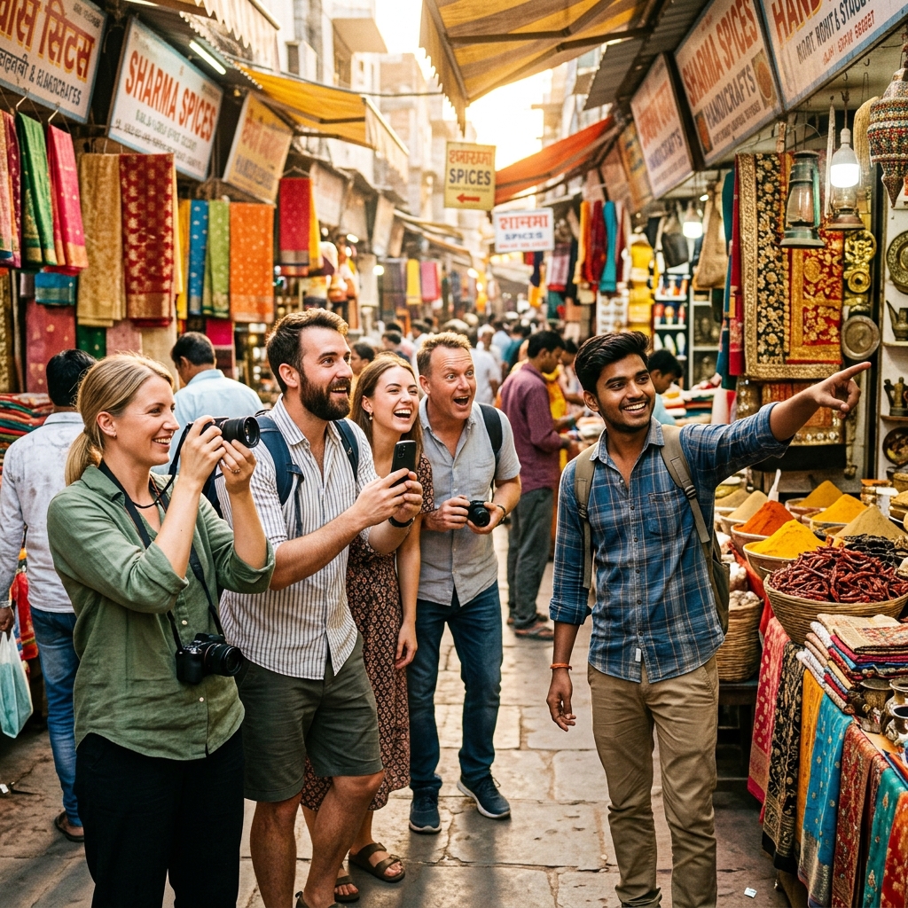 Local host showing tourists around an Indian market