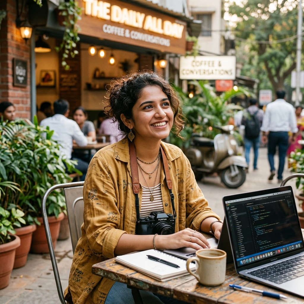 Creative freelancer host at outdoor café