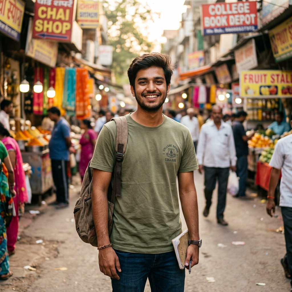College student host on a vibrant Indian street